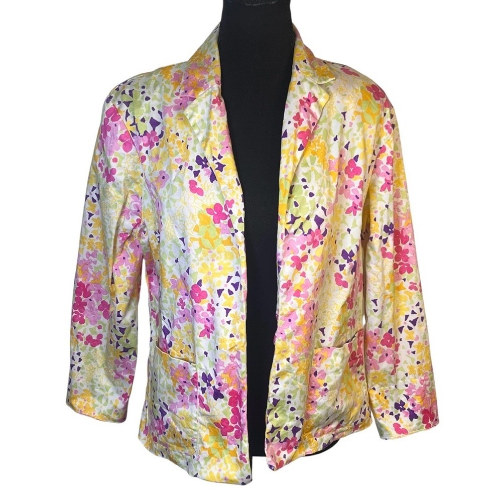 Erin London stretch floral open front blazer cotton blends Sz M vintage Spring - Picture 2 of 8